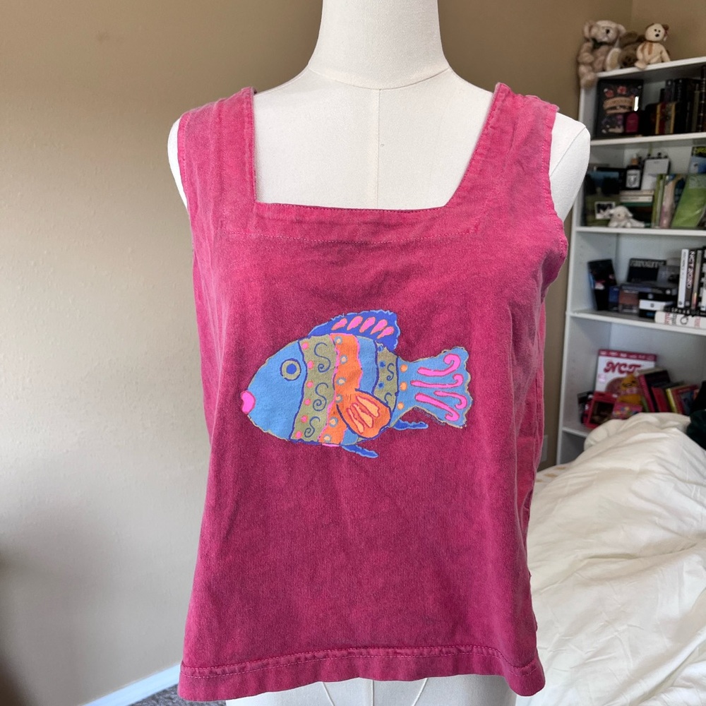 Vintage Fresh Produce Magenta Tank Top with Colorful Fish Design